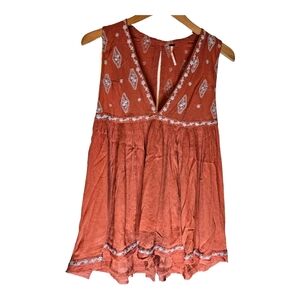 Free People Sleeves Tunic Top Orange with Blue Embroidery  XXS